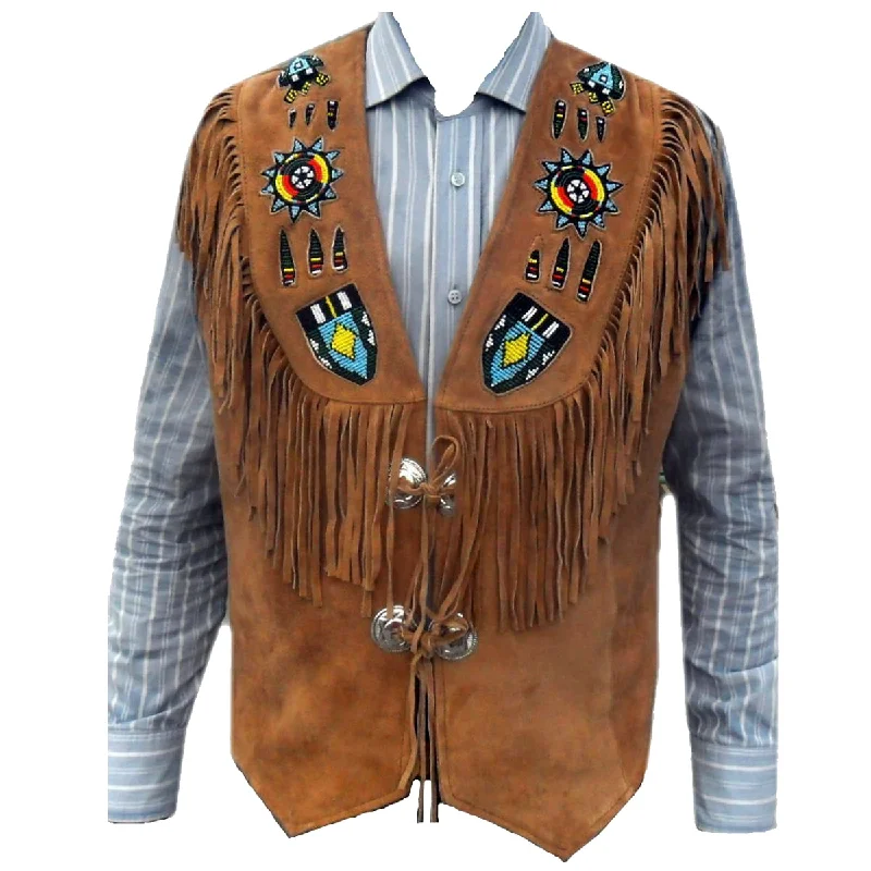 men's vest for weddings -Men Western Brown Suede Leather Vest Fringes Beads Bones