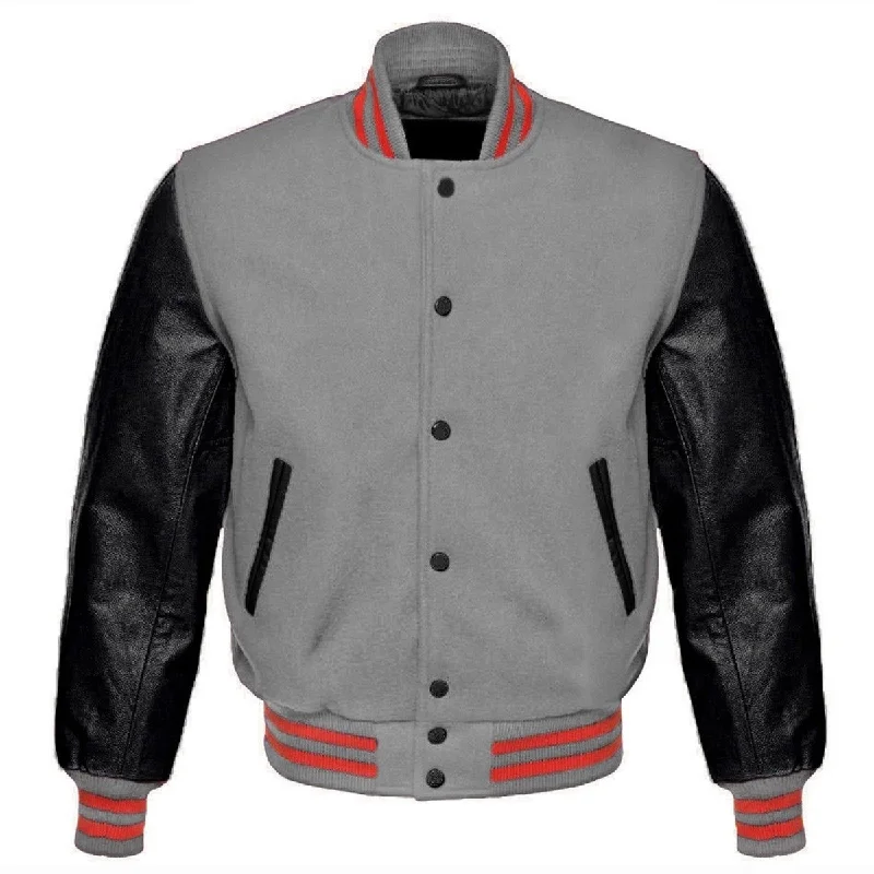 men's fitted jackets -Men's Gray Wool Varsity Bomber Leather Jacket