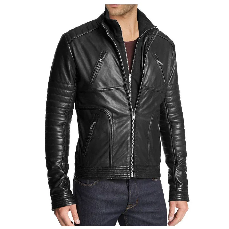 men's blazer jackets for work -Men Zipper Fashion Black Leather Jacket