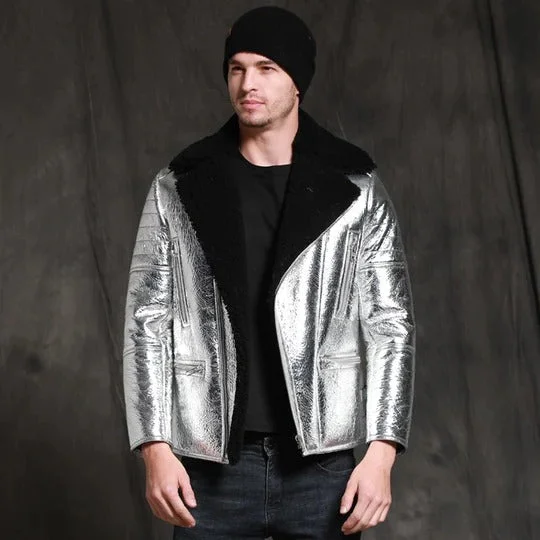 men's corduroy jackets -Men's Aircraft Pilot Shiny Sheepskin Shearling Silver Leather Jacket