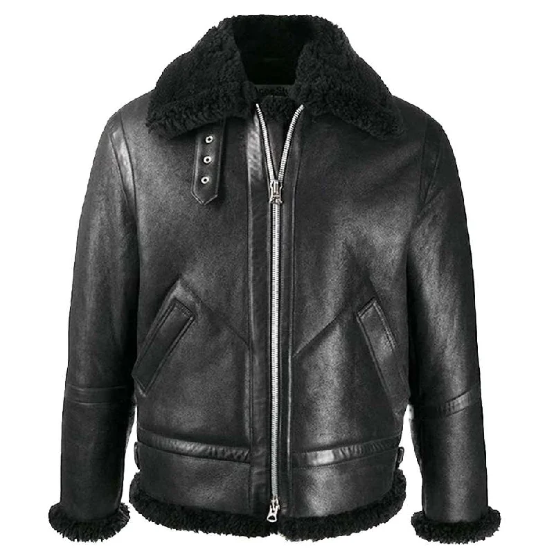 men's padded puffer jackets -Mens B3 Black Shearling Bomber Leather Jacket