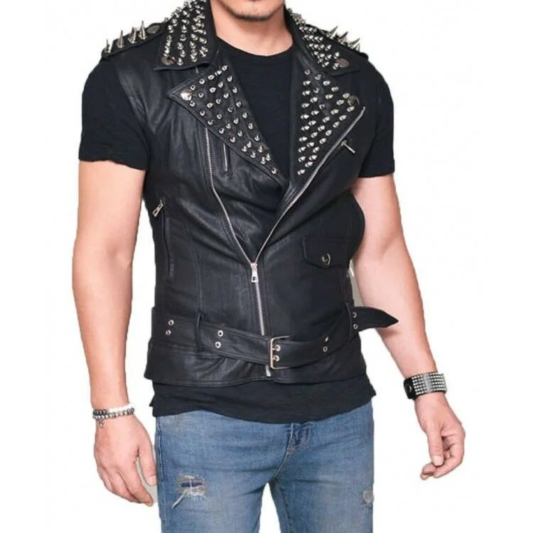 men's checkered waistcoats -Men's Black Biker Real Leather Silver Spike Punk Vest