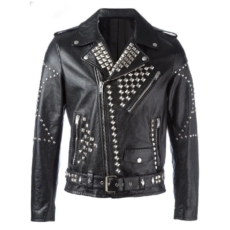 denim jackets for men -Mens Black Biker Studded American Leather Jacket