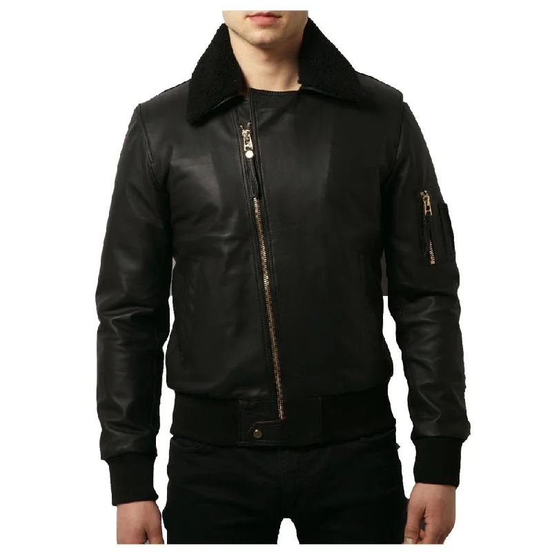 casual jackets for men -Mens Black Bomber Fashion Leather Jacket