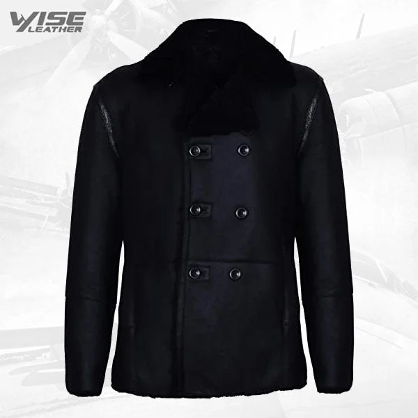 men's wool coat jackets -Mens Black German Double Breasted Real Sheepskin Shearling Leather Jacket Coat