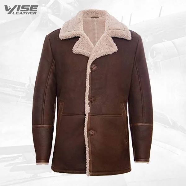 men's blazer jackets for weddings -Mens Brown German Classic Real Sheepskin Shearling Leather Cromby Jacket Coat