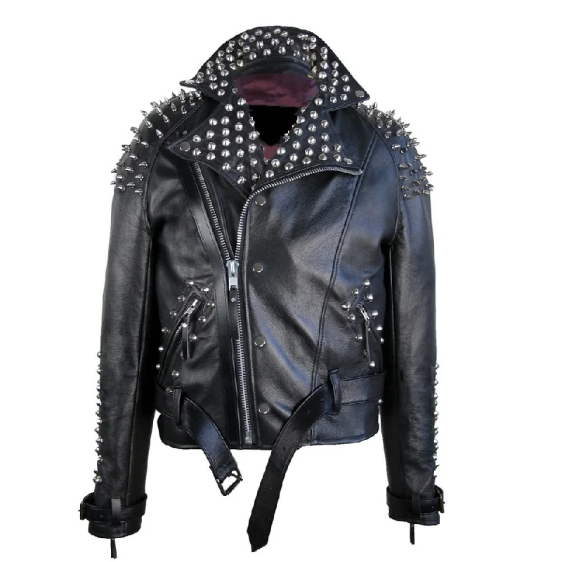 men's versatile jackets -Men Classic Black Half Spiked Studded Zip Up Leather Jacket