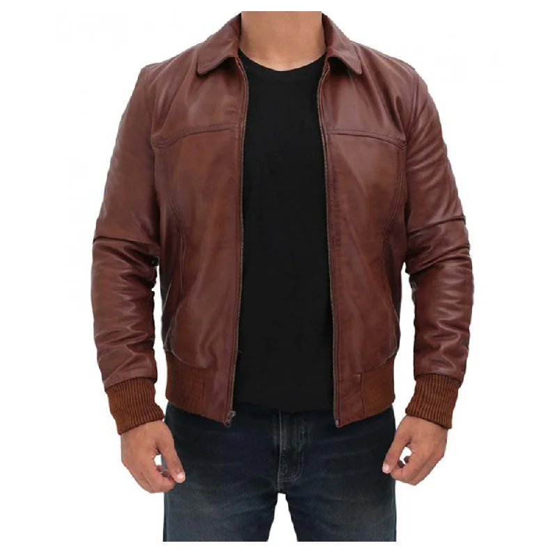 men's winter jackets -Mens Dark Brown Bomber Distressed Leather Jacket