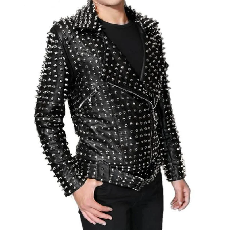 men's insulated rain jackets -Men's Lambskin leather jacket Full Silver studded