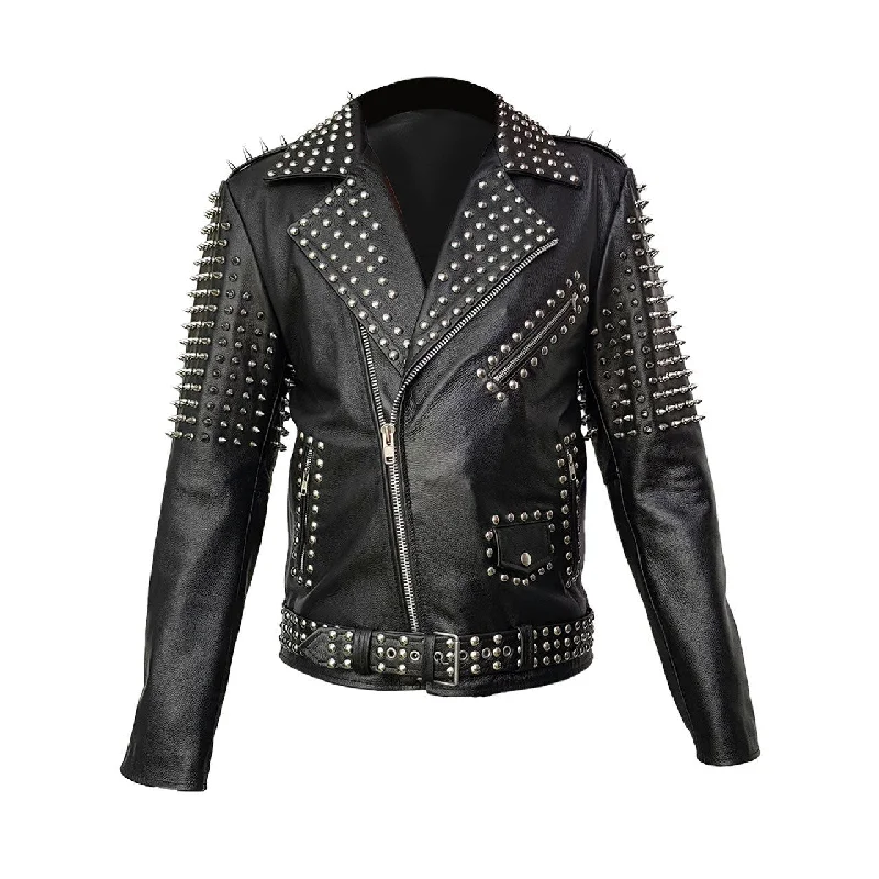 men's tailored jackets -Mens Leather Jacket Black Spike Studded Rock Star Punk Style Cropped (F-SPIKE)