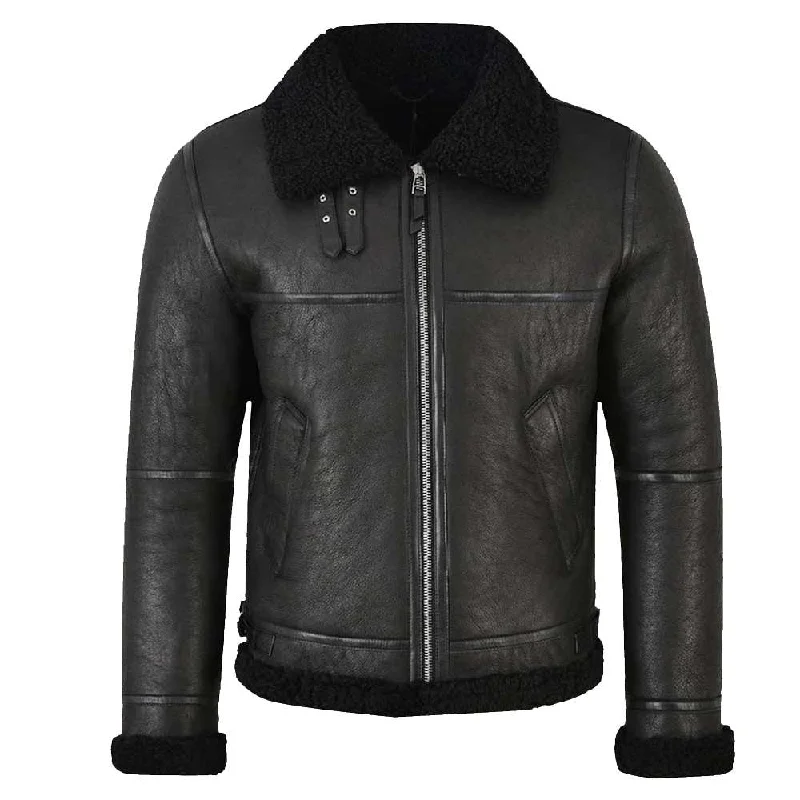 men's padded jackets -Mens Shearling Aviator Bomber Black Leather Jacket