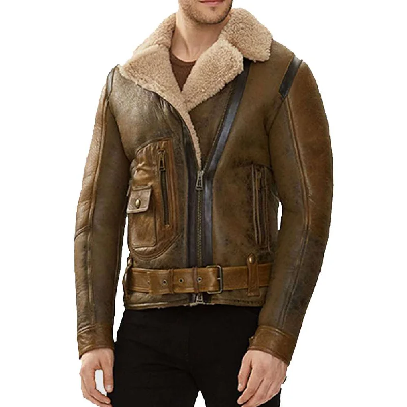 men's zip-up jackets -Mens Shearling Aviator Dark Brown Bomber Pilot Leather Jacket