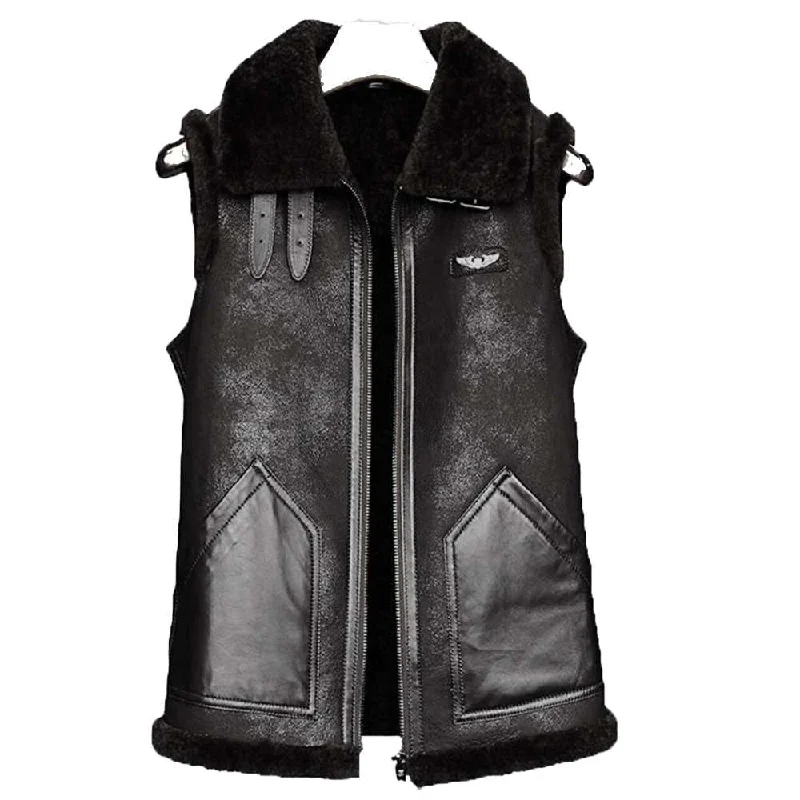 men's fleece-lined vests -Men's Shearling Bomber Leather Vest