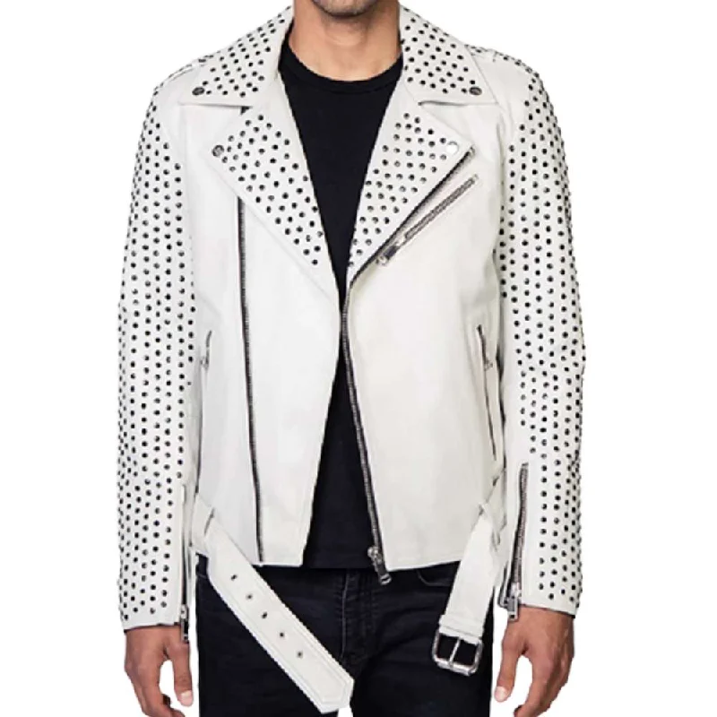 men's trench coats for rain -Mens Silver Studded Cowhide White Biker Leather Jacket Belt