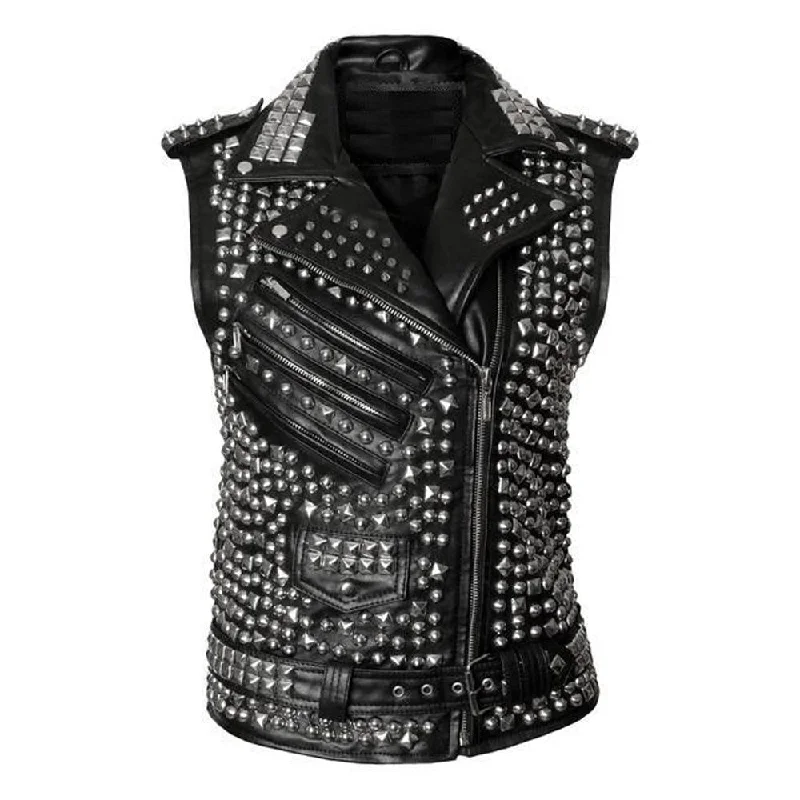 stylish wool waistcoats for men -Mens Studded Leather VEST Silver Studs Biker Zipper Pocket