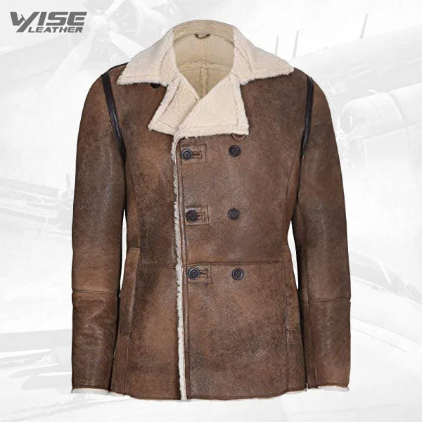 men's technical jackets -Mens Tan German Double Breasted Real Sheepskin Shearling Leather Jacket Coat