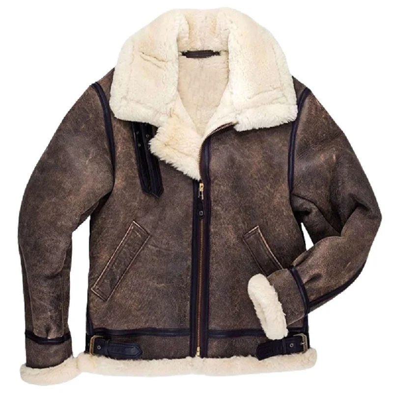 men's rain jackets -Mens Vintage Brown Distressed Shearling Bomber Leather Jacket