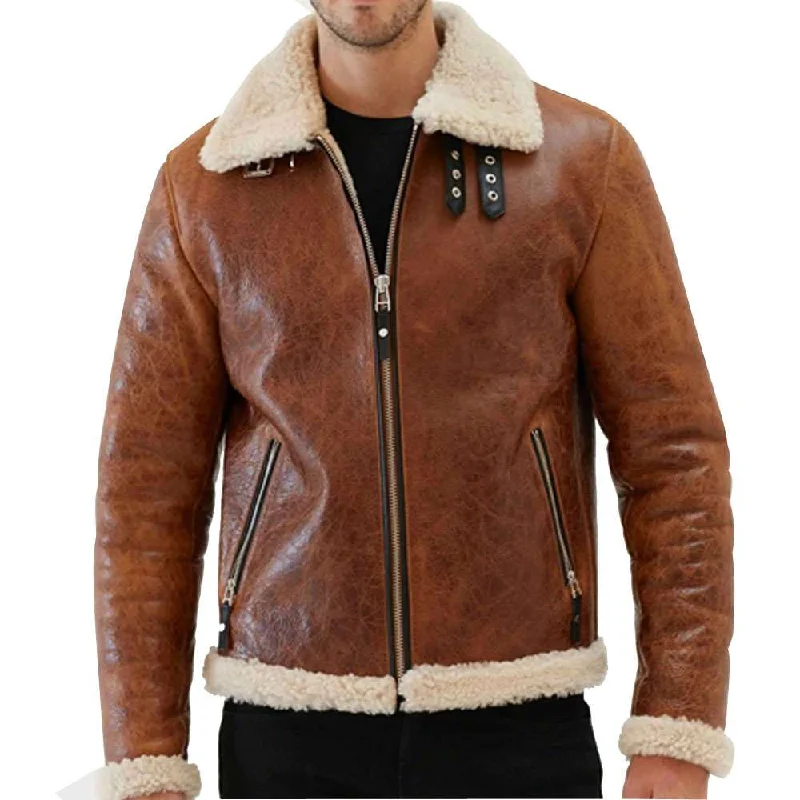 men's hooded bomber jackets -Mens Vintage Tan Aviator Shearling Bomber Leather Jacket