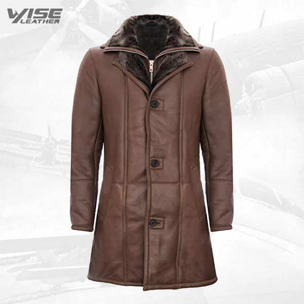 men's stylish jackets with zippers -Men's Warm Brown Nappa Leather Shearling Sheepskin Trench Pilot Jacket Coat