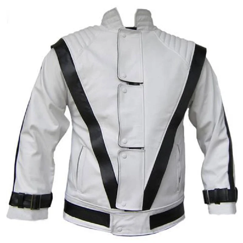 men's fleece jackets -White Leather Black Stripes Jacket