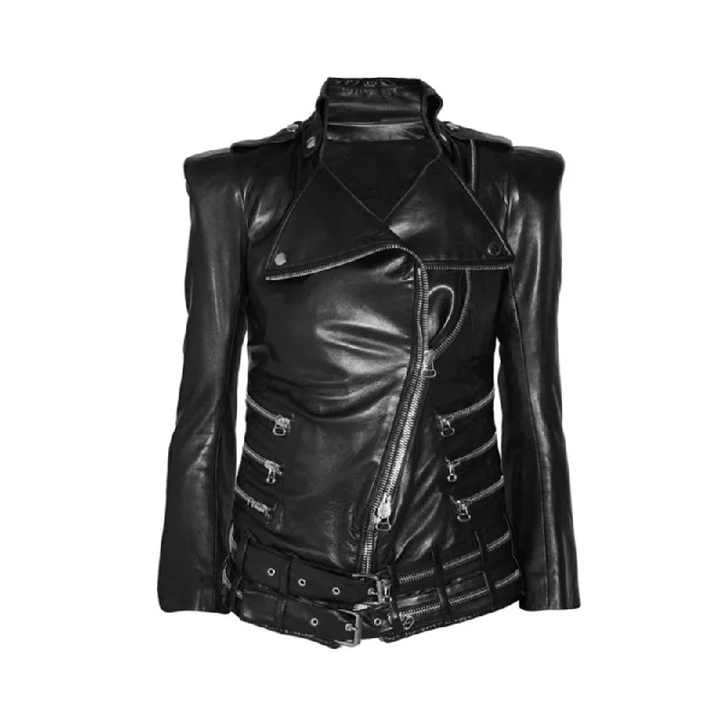 men's stylish jackets -Military Black Leather Women Fashion Zipper Jacket