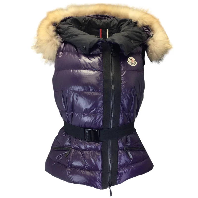 quilted vests for men -Moncler Purple Rue Raccoon Fur Trimmed Quilted Down Puffer Nylon Vest