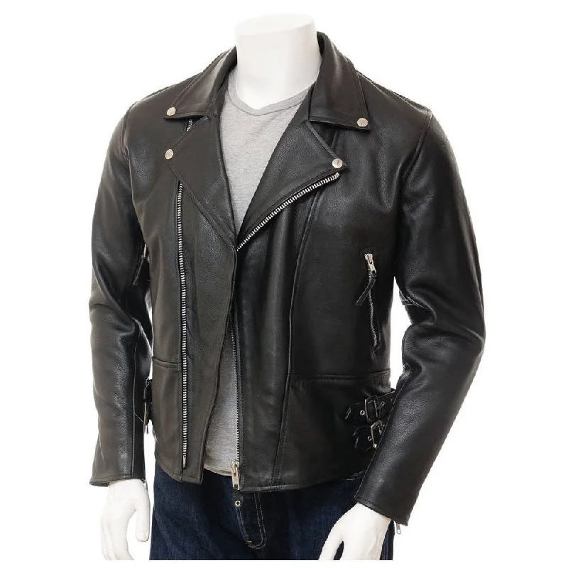 men's double-breasted blazers -Real Leather Moto Slim Fit Biker Jacket for Mens