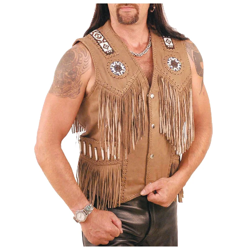 men's bomber jackets with hood -Native American Fringe Leather Waistcoat