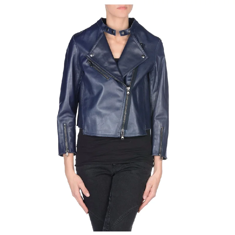 men's field jackets -Navy Blue Women Biker Leather Jacket