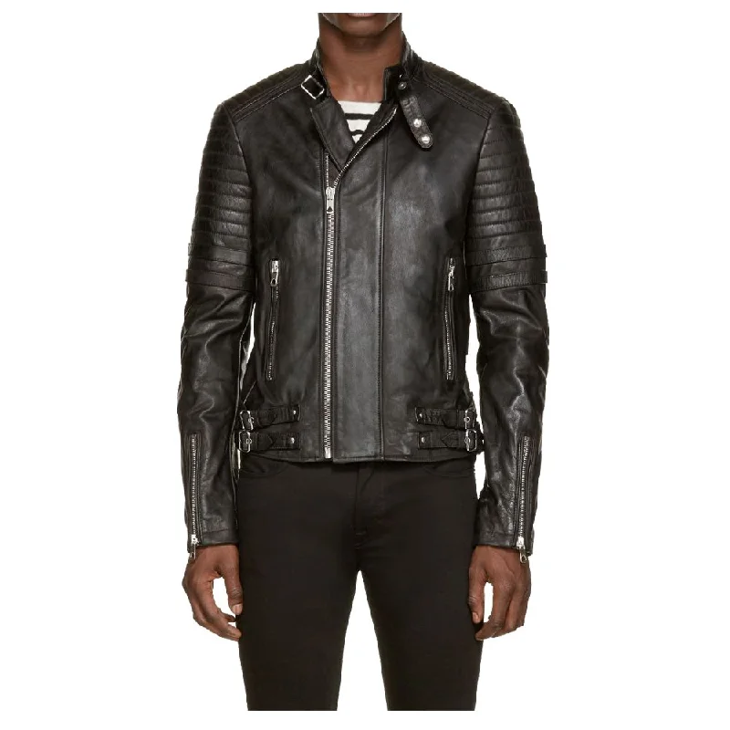 men's sleek jackets -Neck Belt Race Moto Jacket