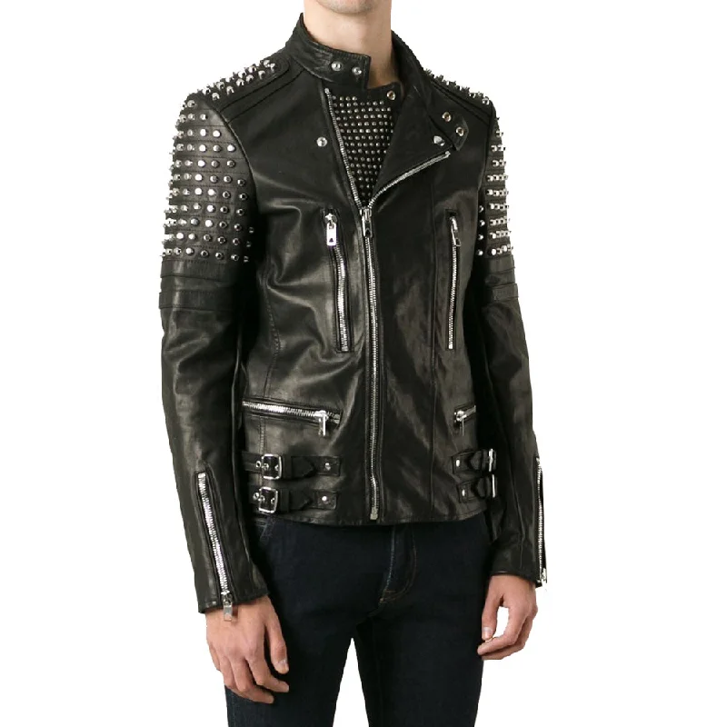 men's sleek jackets -New Classy Look Studded Men Biker Leather Jacket