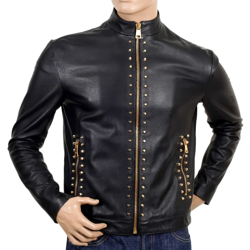 men's biker jackets -New Men's top Black Soft Cowhide Leather Studded Jacket 2021