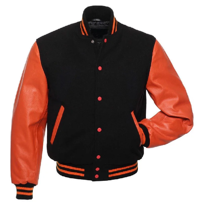 men's parka jackets -Varsity Black Orange Leather Jacket