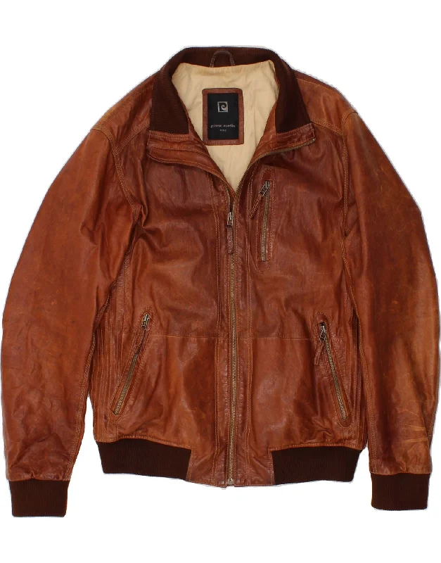 slim-fit jackets for men -PIERRE CARDIN Mens Leather Jacket UK 42 XL Brown Leather