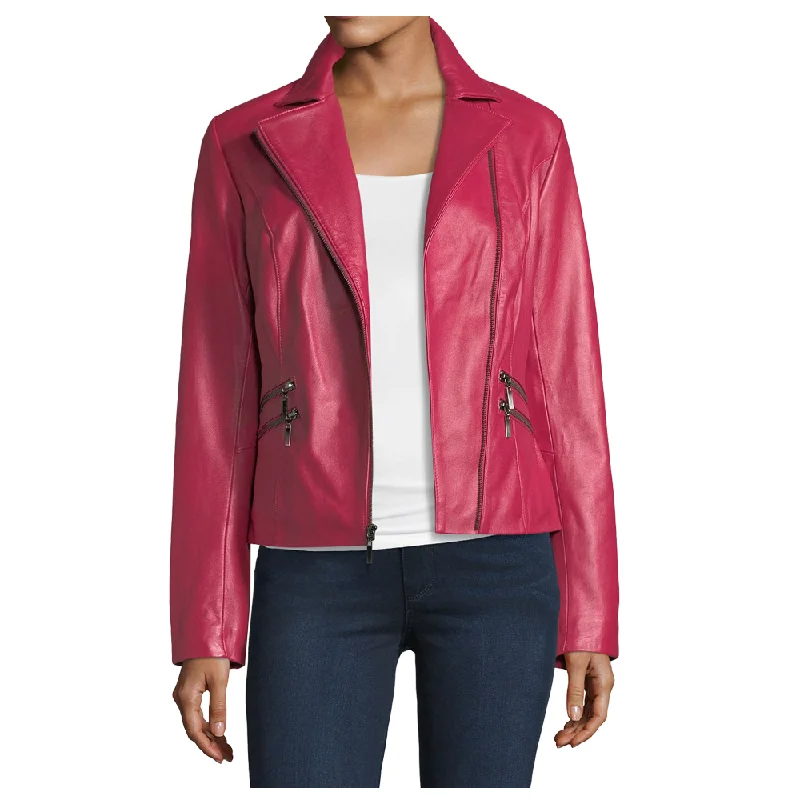 men's wool coat jackets -Pink Lambskin Women Biker Leather Jacket