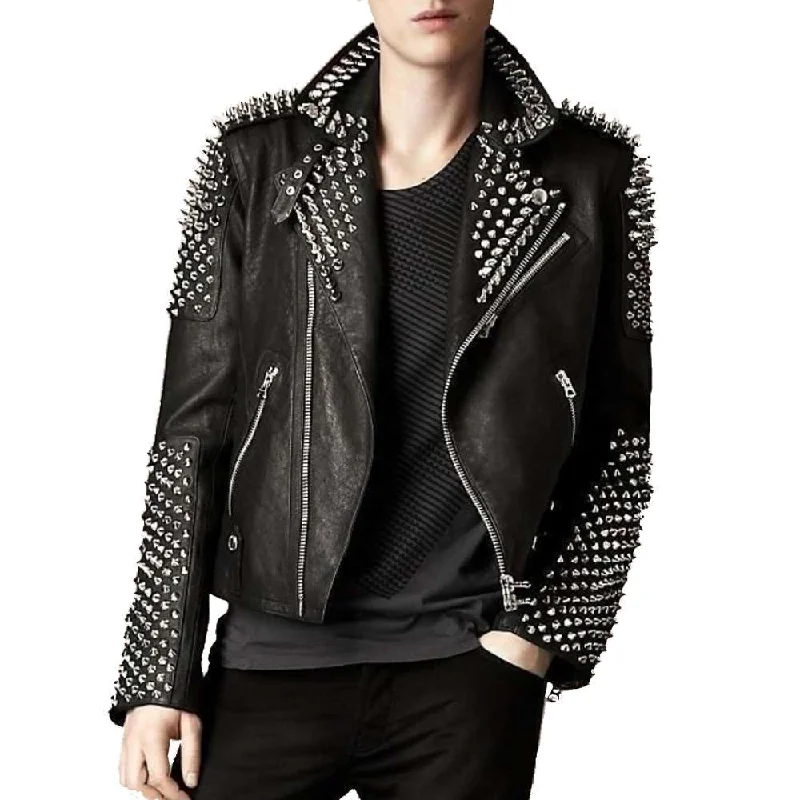 slim-fit jackets for men -Punk Men Studded Silver Spikes Genuine Leather Jacket