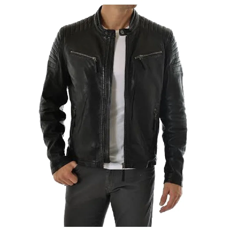 men's waterproof parka jackets -Quilted Shoulder Biker Leather Jacket