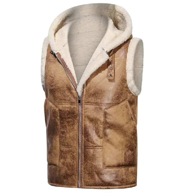 smart casual vests for men -RAF B3 Bomber Vintage Shearling Wax Leather Vest Men