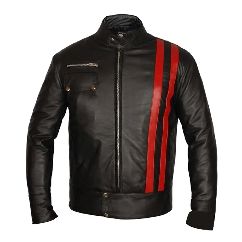 men's fleece-lined zip-up jackets -Red Strip Black Leather Jacket