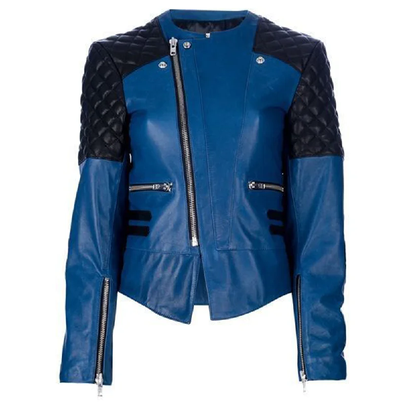 men's sporty jackets for running -Royal Blue Women Premium Biker Fashion Leather Jacket