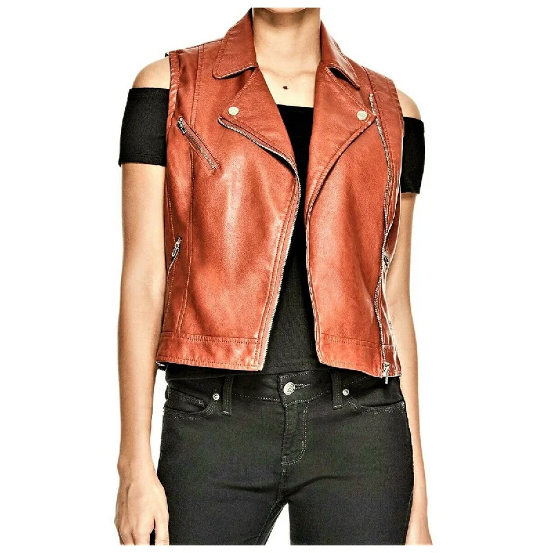 men's vest jackets -Rust Brown Women Genuine Leather Motorcycle Vest