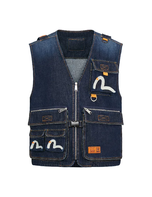 men's casual sleeveless vests -Seagull Embroidered Multi-pocket Denim Vest