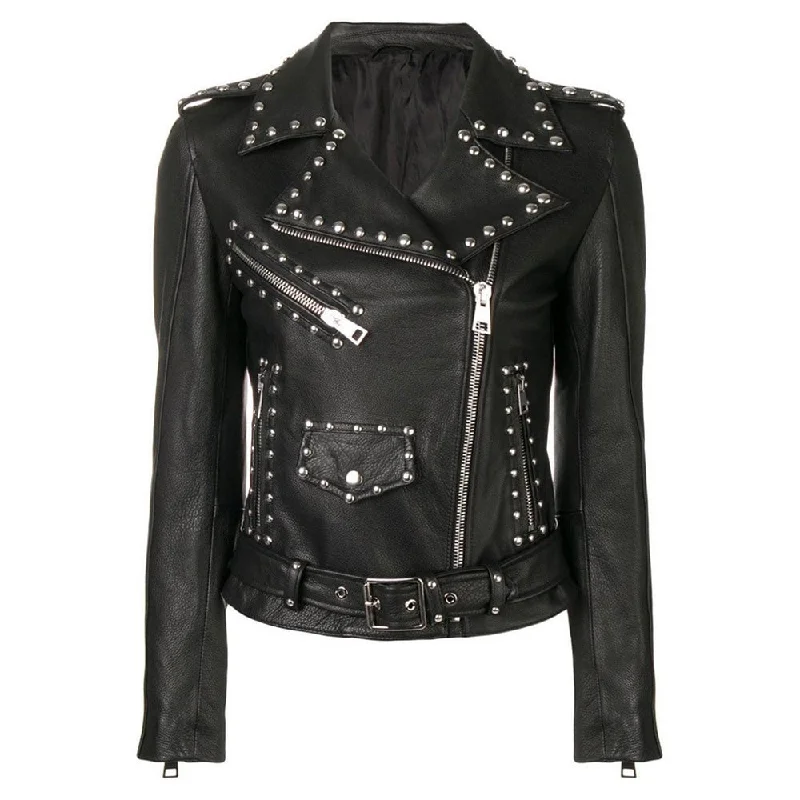 men's cargo jackets -Silver Studded Punk Leather Jacket