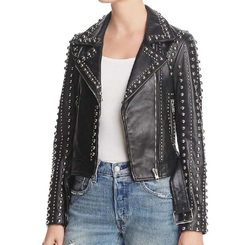 men's shearling jackets -Silver Studs Punk Women Fashion Leather Jacket