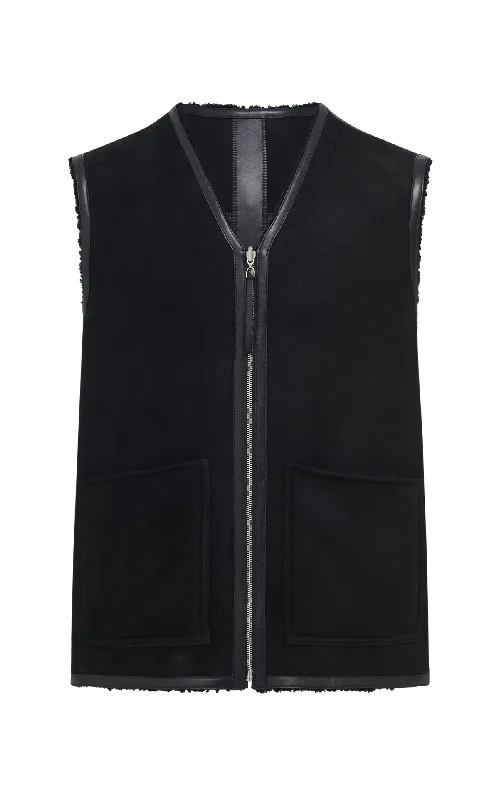 men's waistcoats for suits -Snowdon Reversible Vest in Black Shearling