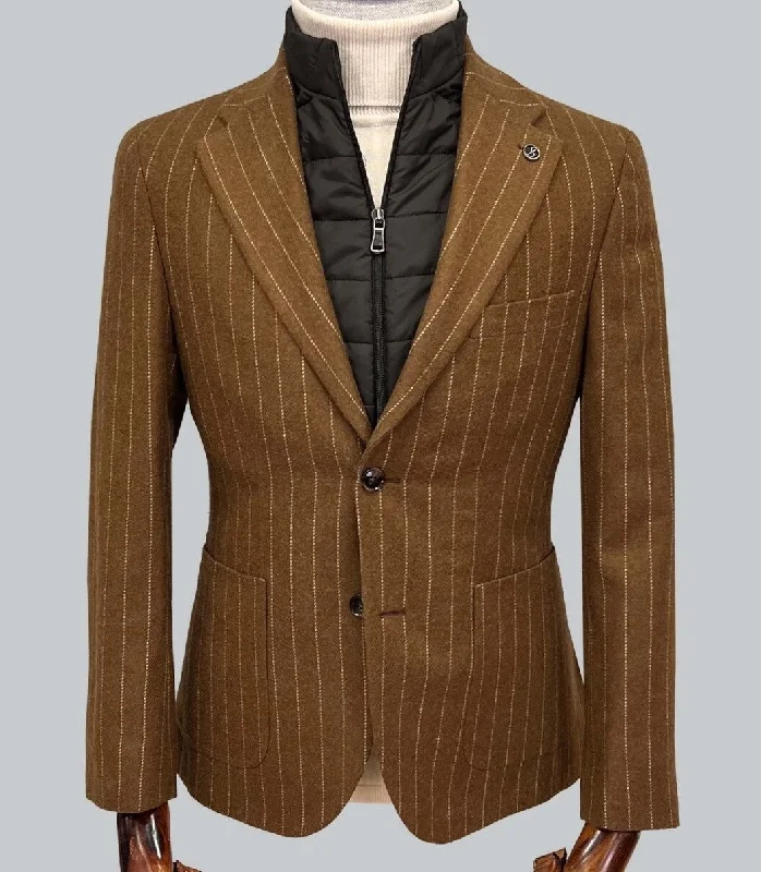 stylish waistcoats for men -Striped Blazer with Removable Vest Insert  - Camel