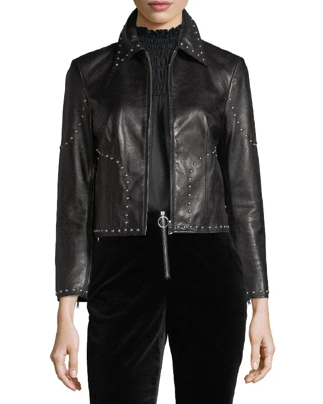 men's waterproof trench coats -Stylish Studded Cropped Front Zip Women's Genuine Lambskin Leather biker Jacket