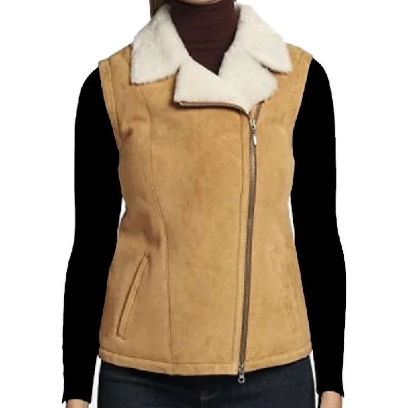 sleek vests for men -Tan B3 Aviator Pilot Shearling Leather Vest Women