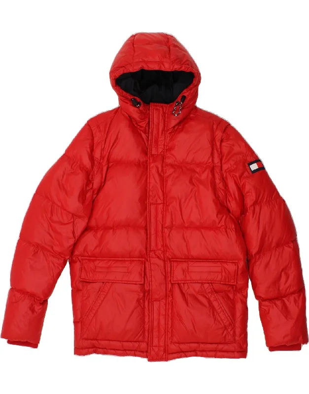 men's padded jackets -TOMMY HILFIGER Mens Hooded Padded Jacket UK 38 Medium Red Polyamide