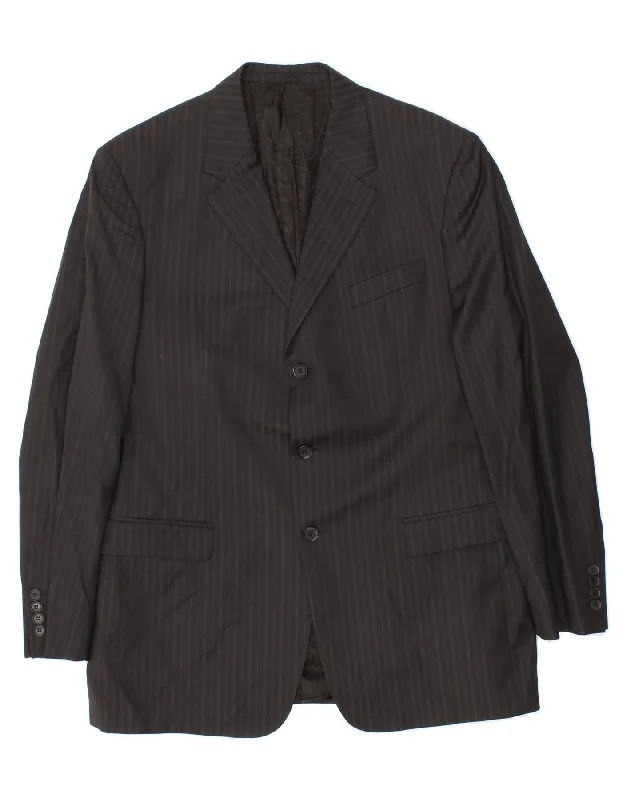 men's varsity jackets with patches -TRUSSARDI Mens 3 Button Blazer Jacket IT 54 2XL Black Striped Wool